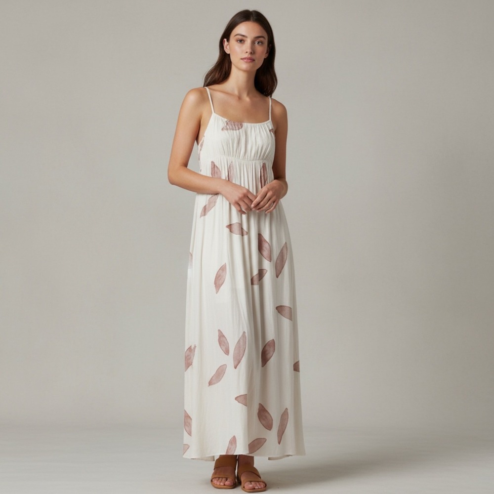 GRADE & GATHER Cream Maxi Dress Pink Sleeve Print Baby Doll spaghetti Straps S